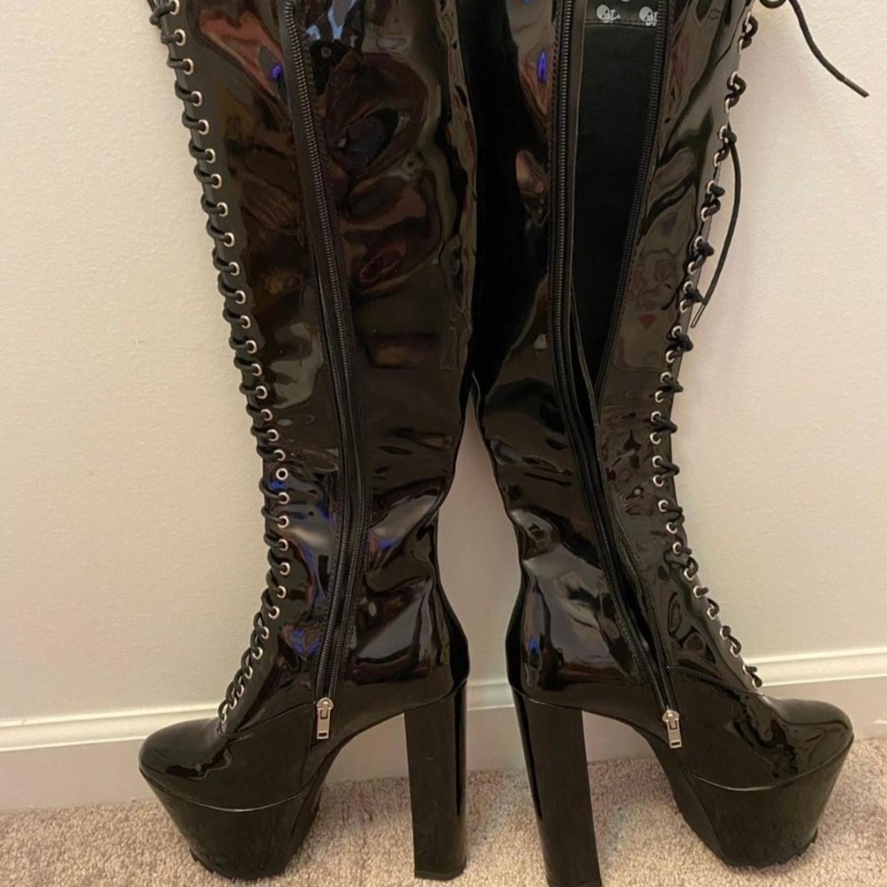 Dolls Kill Shiny Black Lace-Up Platform Boots
